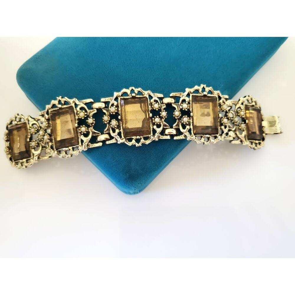 Vintage 1960s Unsigned Selro Faux Amber and Pearl Bracelet